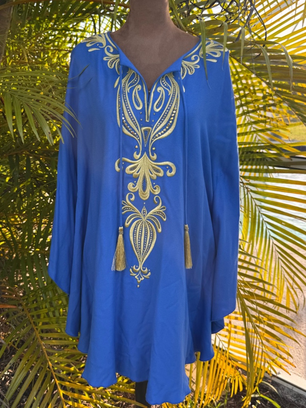 HTF Boho stunner Lilly Pulitzer Emera Blue and Gold Caftan Dress XXS/XS
